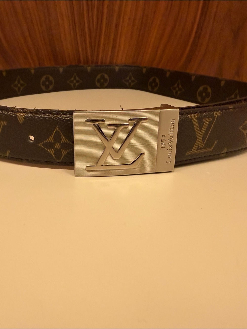 Louis Vuitton Brown Monogram Leather Belt with Silver LV Plaque